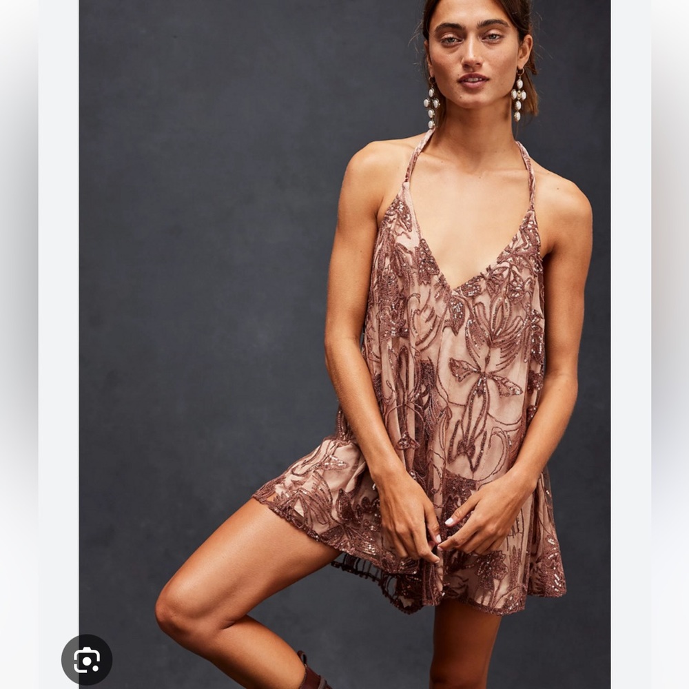 Free People Rose Gold Embellished Halter Romper